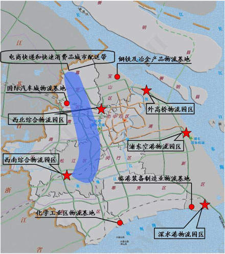 重點(diǎn)物流園區(qū)、重點(diǎn)制造業(yè)物流基地、城市特色配送物流帶布局示意
