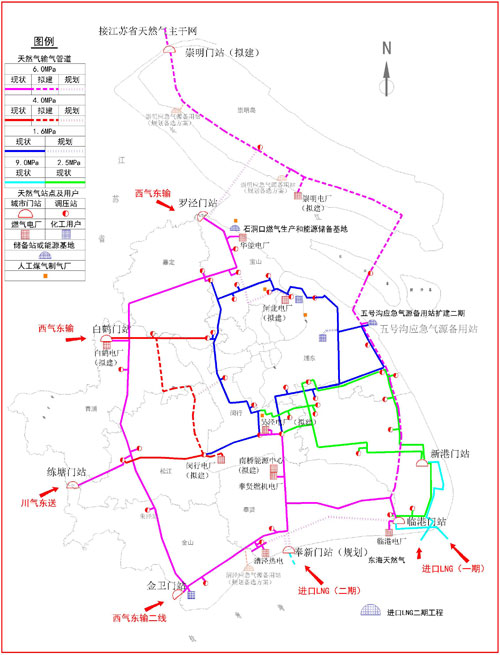 上海市天然氣主干管網和重點設施“十二五”規劃示意圖