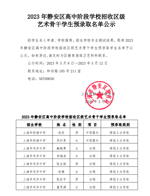 18 2023年靜安區高中階段學校招收區級藝術骨干學生預錄取名單公示.png
